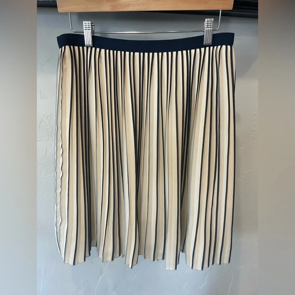 New J. Crew Cream pleated Circle Skirt with  navy Vertical Stripes SZ 4
